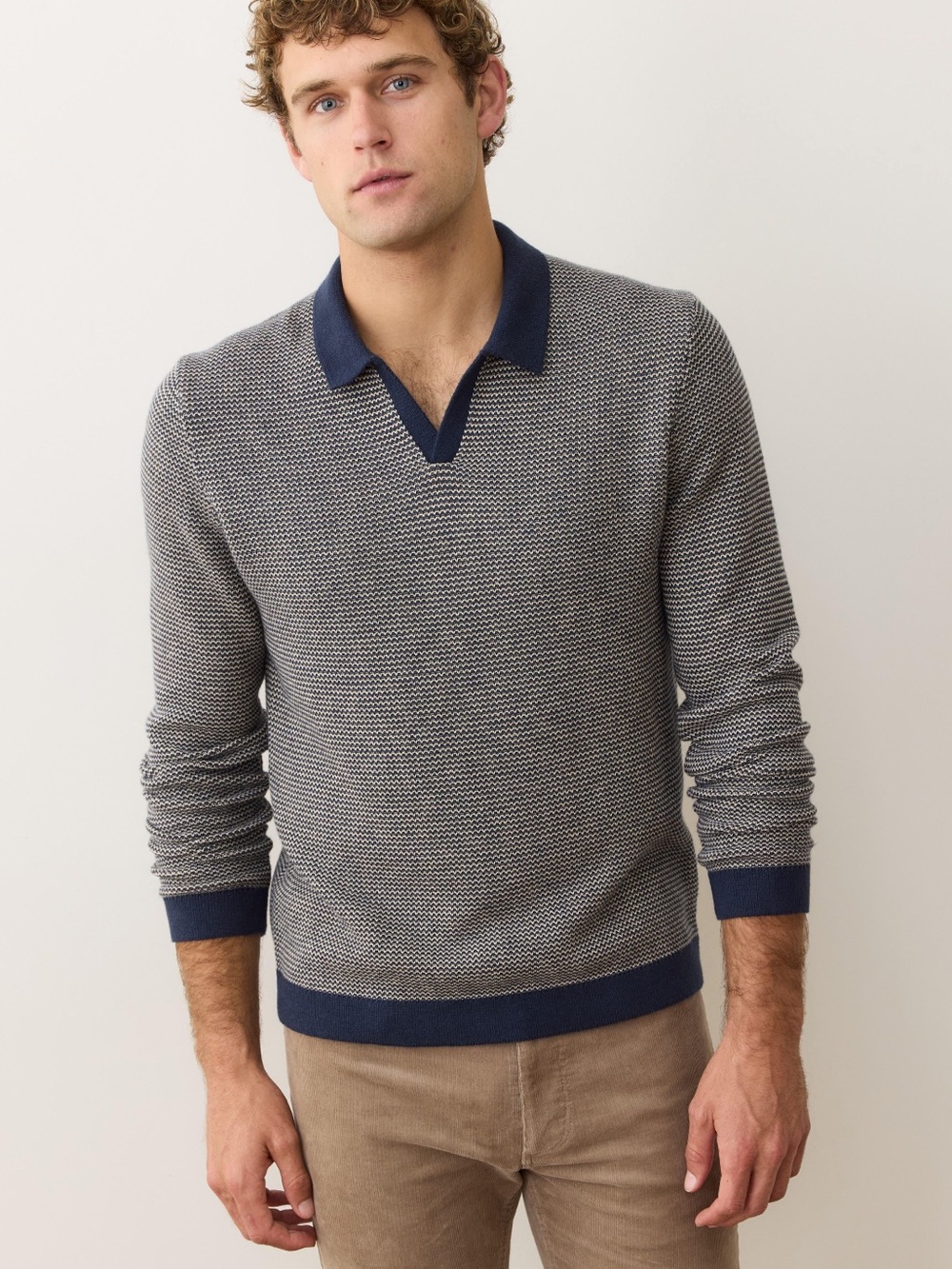 Marine Layer Grey Textured V-Neck Sweater with Navy Trim